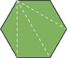 A hexagon is divided into triangles. The triangles are formed by drawing dashed line segments from 1 angle to the 3 angles that are not formed by 1 of the sides adjacent to the original angle. 4 triangles are formed.
