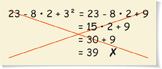 An incorrect simplification: 23 times 8 times 2 + 3 squared = 23 times 8 times 2 + 9 = 15 times 2 + 9 = 30 + 9 = 39.