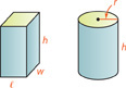A rectangular prism has a length of l, a width of w, and a height of h. A right circular cylinder has a base radius of r and a height of h.