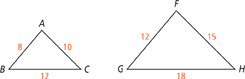 Triangle ABC has sides that are 8, 10, and12 units long. The corresponding sides on similar triangle FGH are 12, 15, and 18 inches long.