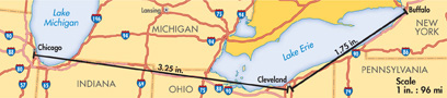 A map shows that the family first drives from Buffalo to Cleveland, a distance of 175 miles. From Cleveland to Chicago is another 325 miles.
