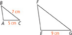 In Triangle ABC side AC is 5 centimeters and side BC is 7 centimeters. In Triangle EFG side EG corresponds to side AC in Triangle ABC and is 9 centimeters. Side FG corresponds to side BC in Triangle ABC.