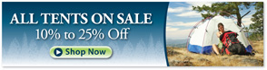 A banner on a store Web site reads “All tents on sale: 10% to 25% off.” A “Shop Now” button is also present.