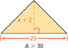 A triangle has a base that measures 20 and a height of x + 2. The area A is less than 30.