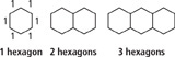 3 sets of regular hexagons are shown. In each set, the hexagons are adjacent along entire sides. The sets include 1, 2, and 3 hexagons.