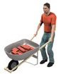 A man is moving a wheelbarrow filled with bricks.