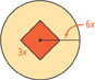 A yellow circle with a radius of 6x has a red square whose sides measure 3x inside.