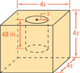 A cube has a right circular cylinder cut out of it. The cube has edges that measure 4s. The cylinder has a radius of s and a height of 48 inches.