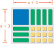 The model for x = 3 times x + 4 has for rows. Row 1: 1 blue x squared tile, 4 green x tiles. Rows 2 to 4 each have 1 green x tile and 4 yellow unit tiles.