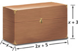 The jewelry box is a rectangular prism. It is 2x + 5 units long, x units wide, and x + 3 units high.
