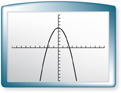 A screen from a graphing calculator displays a downward-opening parabola with its vertex at approximately (0, 6). It falls to the left and right through approximately (negative 2 and one-half, 0) and (2 and one-half, 0).