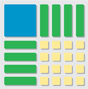 A model with 5 rows. Row 1 has 1 blue x squared tile and 4 green x tiles. Rows 2 to 5 each have 1 green x tile and 4 yellow unit tiles.