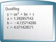 A screen from a graphing calculator displays a regression. The display reads as follows, from top to bottom:
QuadReg, y = ax squared + bx + c, a = 1.392857143, b = negative 4.135714286, c = 4.071428571.