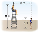 A lifeguard sits on a chair. The top of his head is 11 feet off the ground. He is 8 feet from the swimmer. The top of the swimmer’s head is 5 feet off the ground.