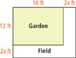 A rectangular garden that is 16 feet by 12 feet occupies one corner of a field. The distance from the sides of the garden to the corresponding sides of the field is 2x.