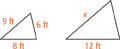 2 sides of one triangle are 8 feet and 9 feet. The corresponding sides of a similar triangle are 12 feet and x.