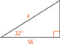 This right triangle has one angle that measures 32 degrees. The leg adjacent to this angle measures 56 units. The hypotenuse measures x units.