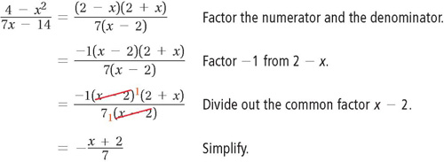Simplify (4 minus x squared) over (7x minus 14).
