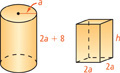 One wastebasket is a right circular cylinder with radius a and height 2a + 8. The other is a rectangular prism with length 2a, width 2a, and height h.