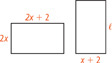 One rectangle has length 2x + 2 and width 2x. The second rectangle has length l and width x + 2.