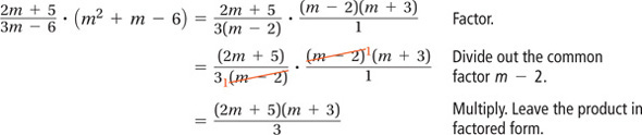 Find the product of the fraction (2m + 5) over (3m minus 6) times the polynomial (m squared + m minus 6).
