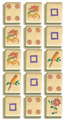 15 tiles are displayed in 5 rows of 3. There are 4 tiles with 4 red dots, 3 dragon tiles, 5 tiles with 1 blue square, 2 parrot tiles, and 1 flower tile.