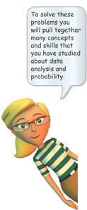 Anya says, “To solve these problems you will pull together many concepts and skills that you have studied about data analysis and probability.