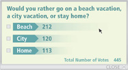 A chart displays these results of a survey: 212 respondents would prefer a beach vacation. 120 would prefer a city vacation. 113 would prefer a home vacation.
