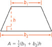 A trapezoid has 2 bases: b subscript 1 baseline and b subscript 2 baseline. It also has height. The height is measures at a right angle to the bases. The area A = one-half (b subscript 1 baseline + b subscript 2 baseline) times height.