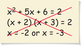 An error analysis: x squared + 5 x + 62 = (x + 2) (x + 3), x = negative 2 or x = negative 3.