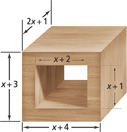 A block of wood has a rectangular shaped hollowed-out center with sides of x plus 1 by x plus 2. The block is x plus 4 wide, x plus 3 tall, and 2x plus 1 deep.