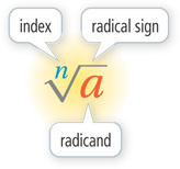A radical sign looks like a checkmark with a long horizontal line extending from its top. The number inside the checkmark is the index, the number under the horizontal line is the radicand.
