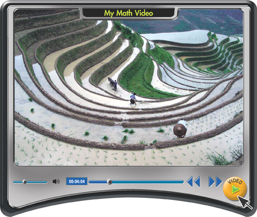 A My Math Video screen shows hills carved into stepped rice paddies.