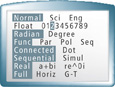 On a calculator screen, the following modes have been selected: normal, radian, function, connected, sequential, real, and full.