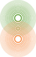 Two circles made up of concentric circles overlap, top over bottom. The point of intersection appears to make a third series of concentric circles.