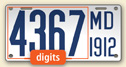 A Maryland license plate for 1912 has four digits, 4,3,6, and 7 followed by the letters M D over 1912.