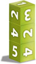 A stack of three numbered cubes are stacked so that two faces are showing, no two cubes have the same numbers.