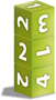 A stack of three numbered cubes are stacked so that two faces are showing, the left face are all the number 2, showing that 2 sides are identical.