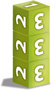 A stack of three numbered cubes are stacked so that two faces are showing, the left face are all the number 2, and the right has all the number 3, showing that all 4 sides are identical.