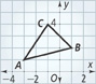 A graph of a triangle has vertices at A (negative 3, 1), B (1, 2), and C (negative 1, 4). All values are approximate.