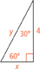 A 30-60-90 degree triangle has a height of 4 opposite the 60-degree angle, a base of x, and a hypotenuse that measures y.