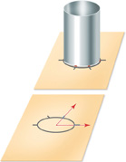 A cylinder is traced onto a piece of paper and a central angle is drawn to intercept the circle at one radius unit of arc.