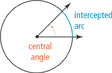 A central angle has a vertex at the center of a circle. The angle intercepts the circle in two places. The region of the circle between the initial and terminal sides of the angle, the arc, is labeled the intercepted arc.
