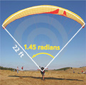 A kite makes an arc with a measure of 1.45 radians, and a length of 22 feet.