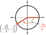 Angle negative 5 pi over 6 radians in standard position, with its terminal side through (negative radical 3 over 2, negative one-half).