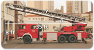 The ladder of a fire truck forms the hypotenuse of length y for a right triangle with a horizontal leg of length 35 feet, adjacent to angle theta. The horizontal leg is 8 feet above the ground.