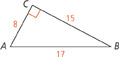 Right triangle A C B, with leg A C of length 8, leg B C of length 15, and hypotenuse A B of length 17.