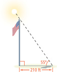 A flag pole forms the vertical leg of a right triangle opposite a 55-degree angle, with the horizontal leg of length 210 feet along the ground.