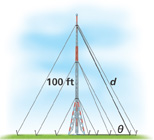 A tower of height 100 feet forms the vertical leg of a right triangle opposite angle theta, with a support cable forming the hypotenuse of length d.