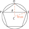 A regular pentagon inscribed in a circle of radius 10 centimeters centered on C. The pentagon has consecutive vertices P, Q, and S, which form the vertices of a triangle with R at the midpoint of base P S.